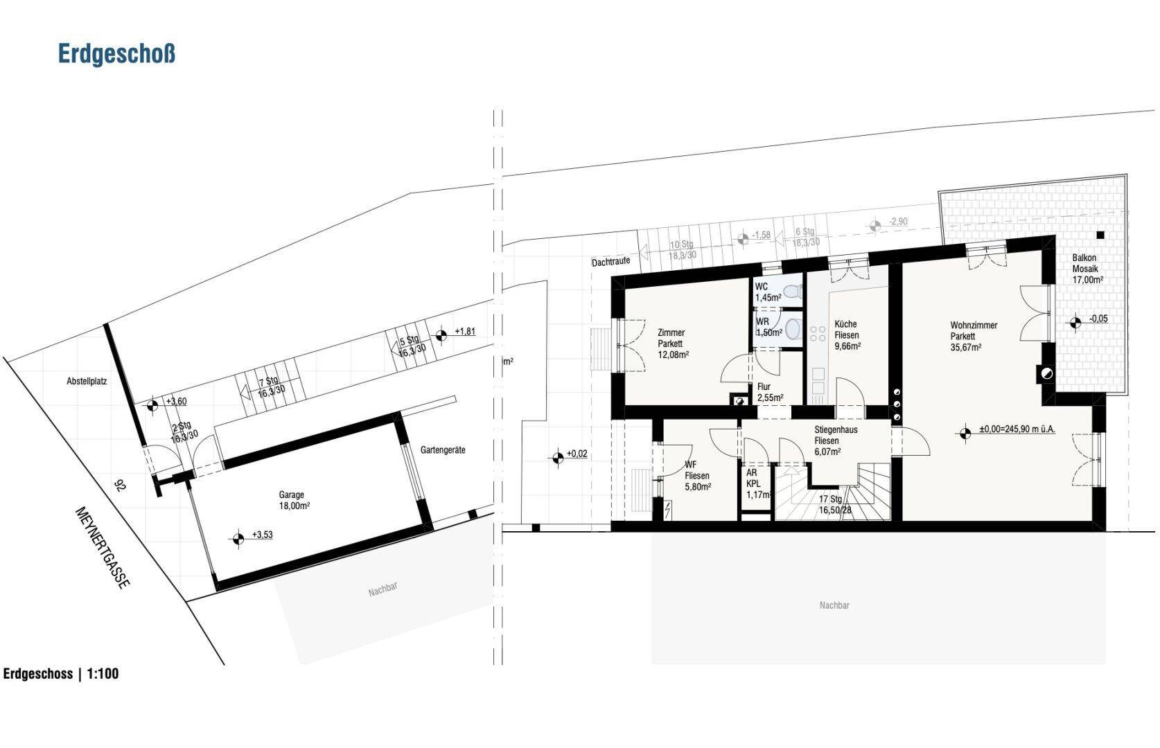 Grundriss des Erdgeschosses mit Wohnzimmer, Küche, Garage und Zugang zum Gartenbereich.