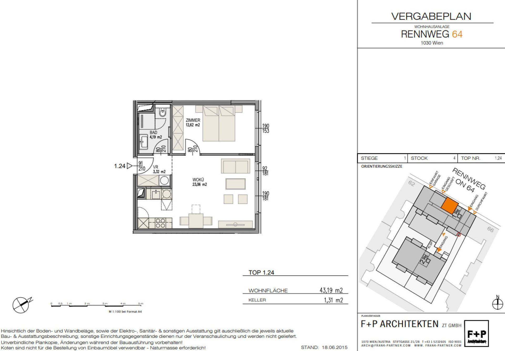 Grundriss der Wohnung Top 1.24 mit 43,19 m² Wohnfläche, offenem Layout und Balkonzugang.