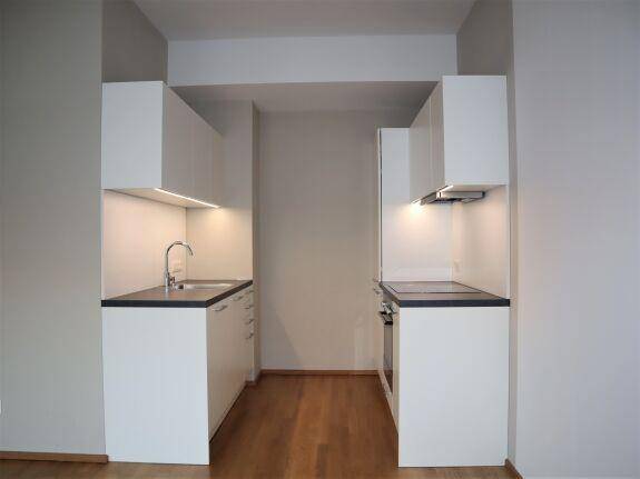 Moderne Küchenzeile mit weißen Schränken, dunkler Arbeitsplatte und integrierten Geräten für effizientes Kochen.