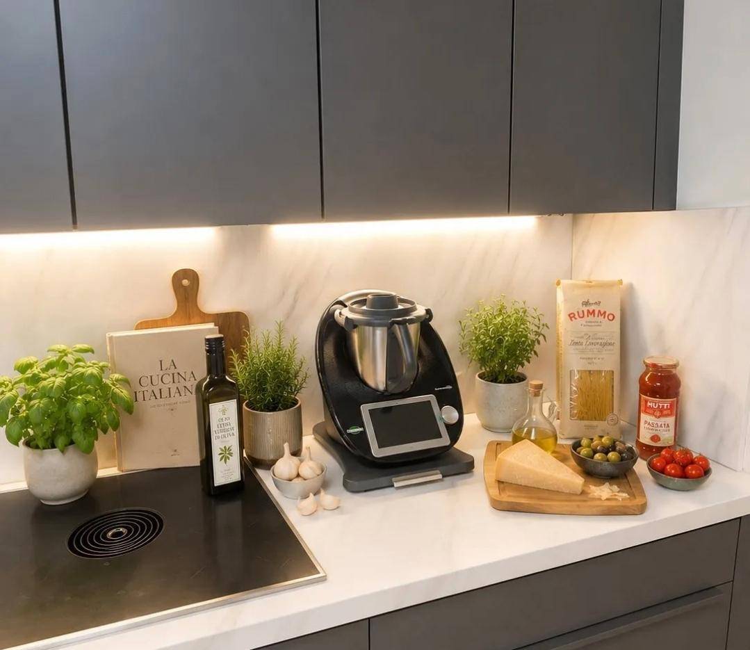 Moderne Küchenzeile mit Induktionskochfeld, Thermomix und frischen Zutaten.