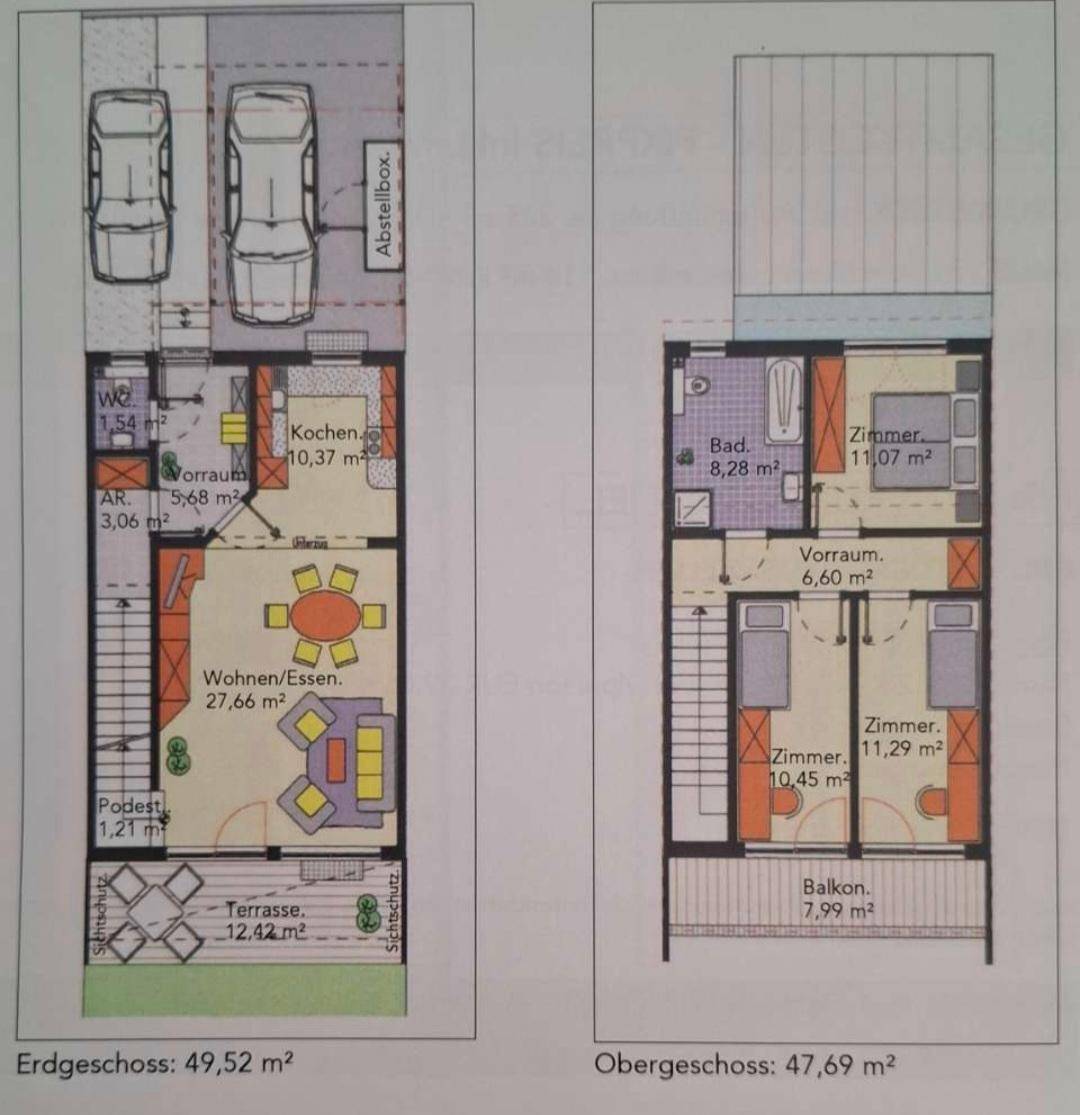 Grundriss des Erd- und Obergeschosses mit Wohn-/Essbereich, Küche, Schlafzimmern und Balkon.