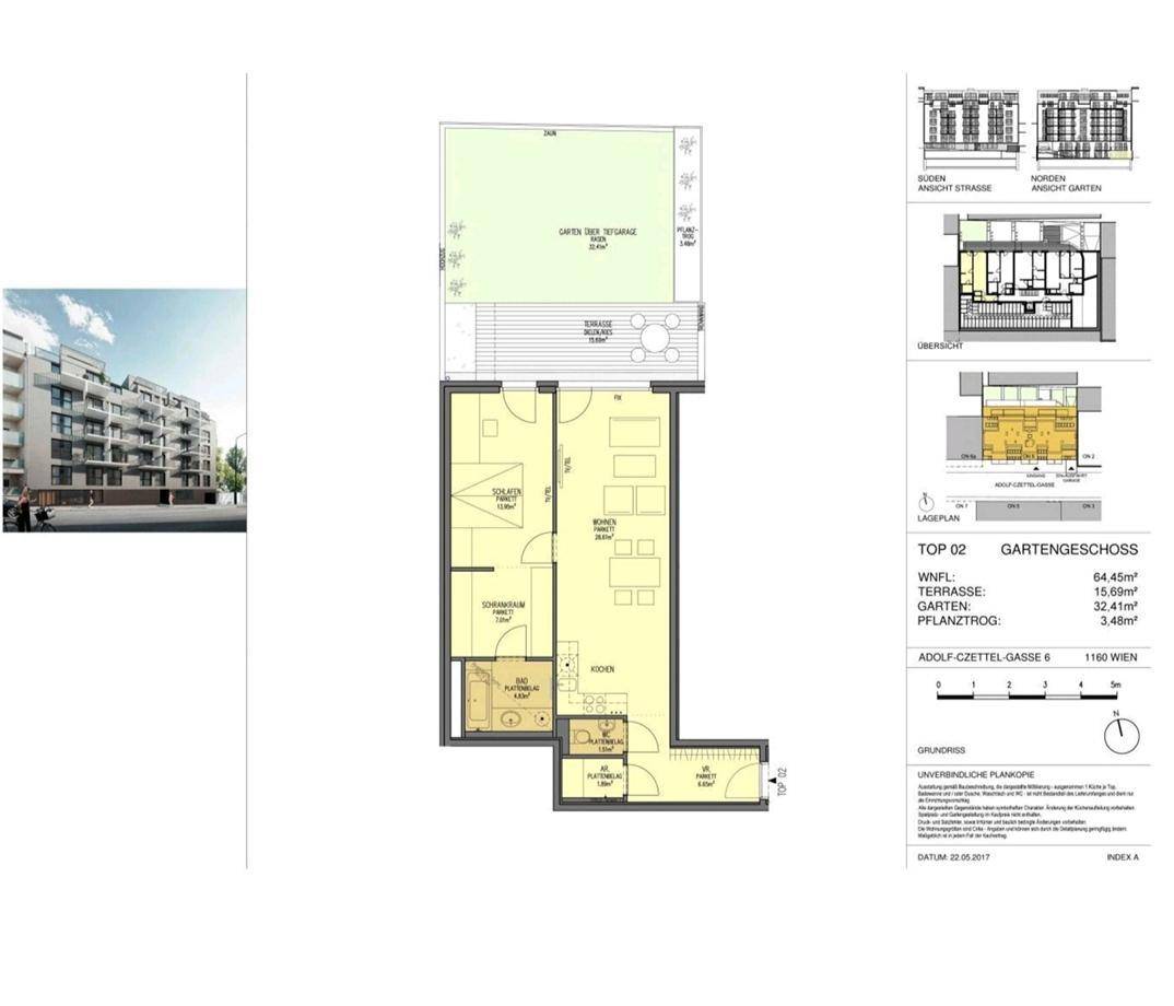 Detaillierter Grundriss des Gartengeschosses mit Terrasse und privatem Gartenbereich eines Neubaus.