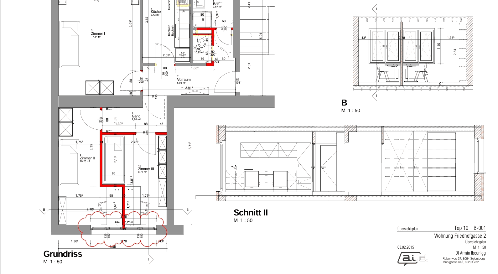 Detaillierter Grundriss mit Raumaufteilung, Schnitten und Bemaßungen der Wohnung.