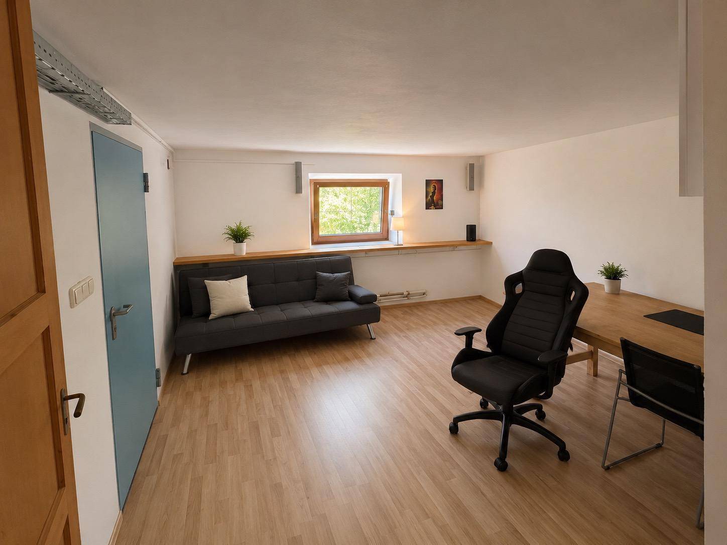 Geräumiger Wohnraum im Untergeschoss mit Sofa, Schreibtisch und Holzboden.