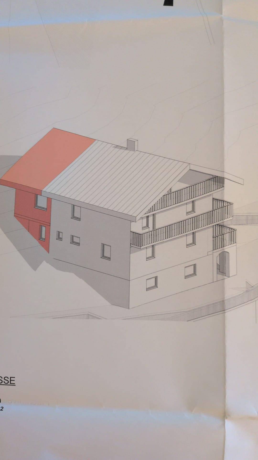 Architektonische Darstellung des Hauses mit Balkonen und Satteldach.