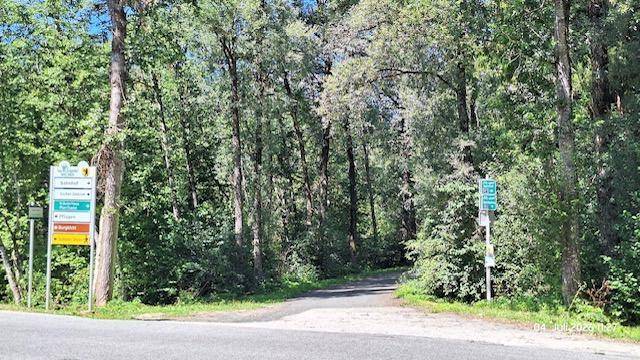 Eine ländliche Straße führt in einen dichten Wald, mit einem Wegweiser am Straßenrand.