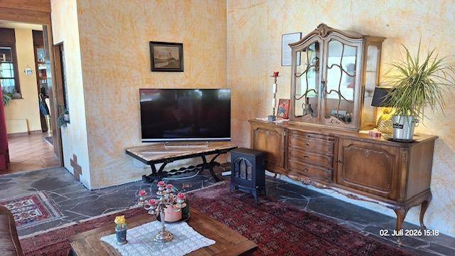 Wohnbereich mit Fernseher, antikem Holzschrank und einem kleinen Ofen auf gemustertem Teppich.
