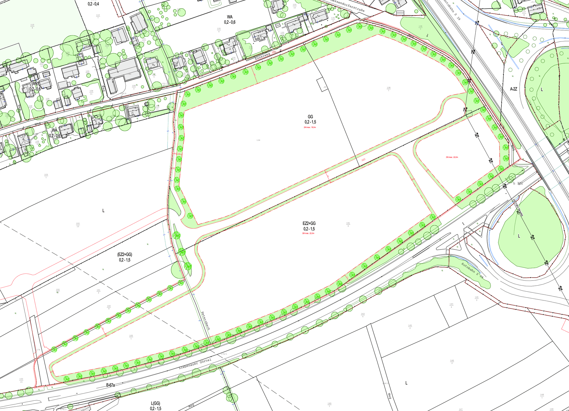 Detaillierter Katasterplan mit verschiedenen Parzellen, Straßen, Grünflächen und der Autobahn A22.