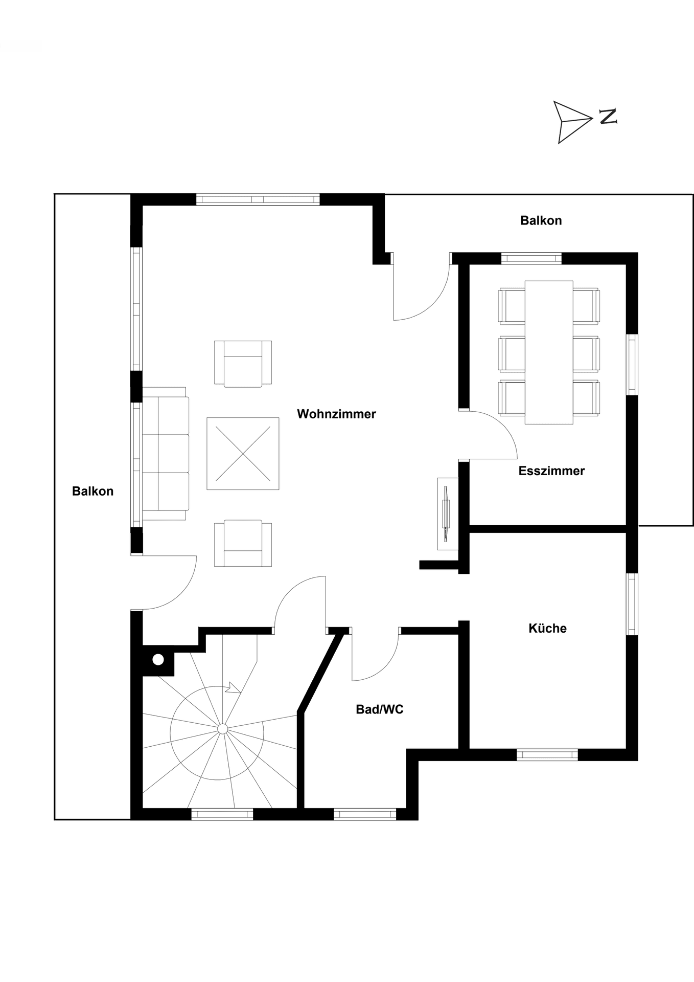 Grundriss des Hauptwohngeschosses mit Wohnzimmer, Esszimmer, Küche und Balkonen.