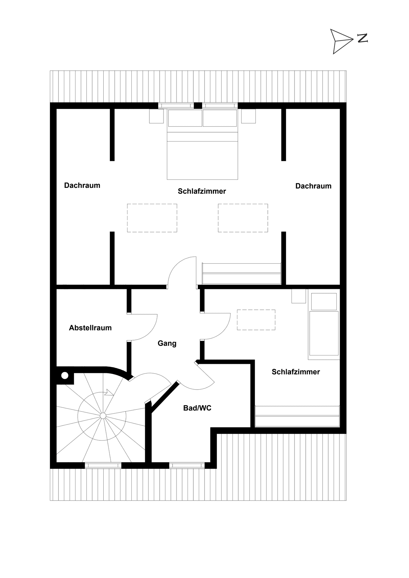Grundriss des Obergeschosses mit zwei Schlafzimmern, Bad/WC und Abstellraum.