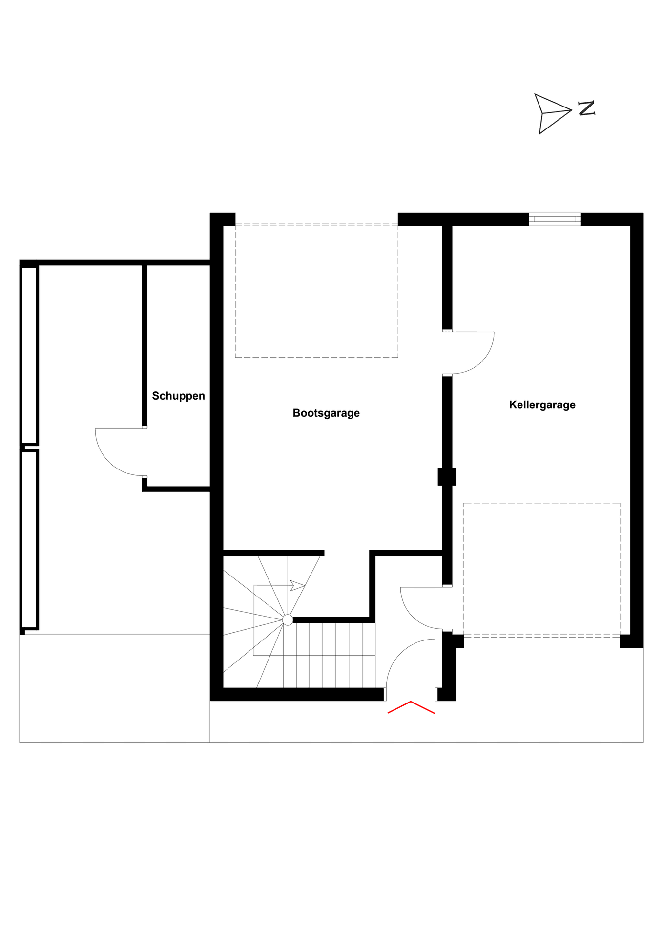 Grundriss des Untergeschosses mit Bootsgarage, Kellergarage und Abstellraum.