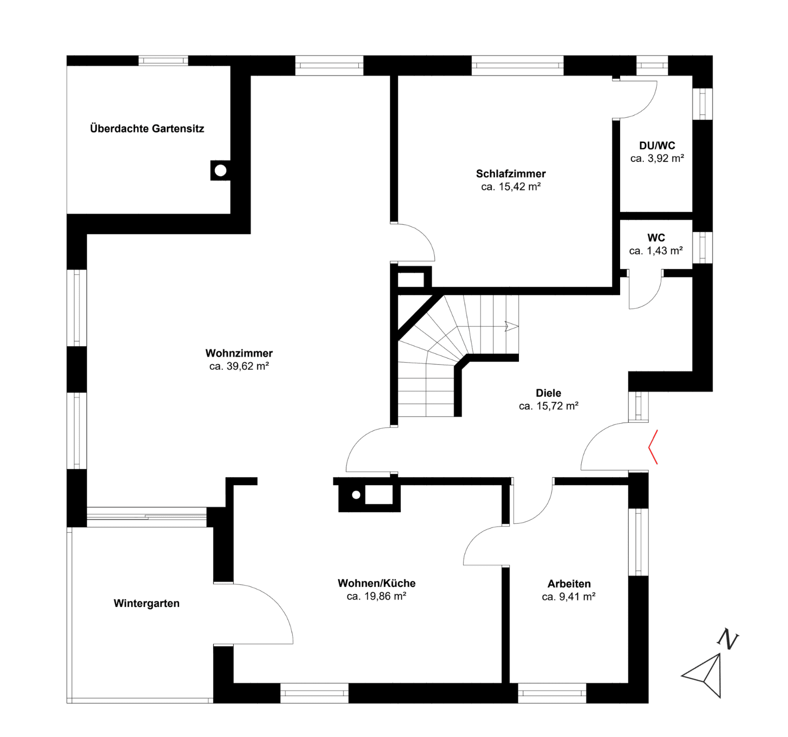 Grundriss des Erdgeschosses mit Wohnzimmer, Wohnküche, Schlafzimmer und Wintergarten.