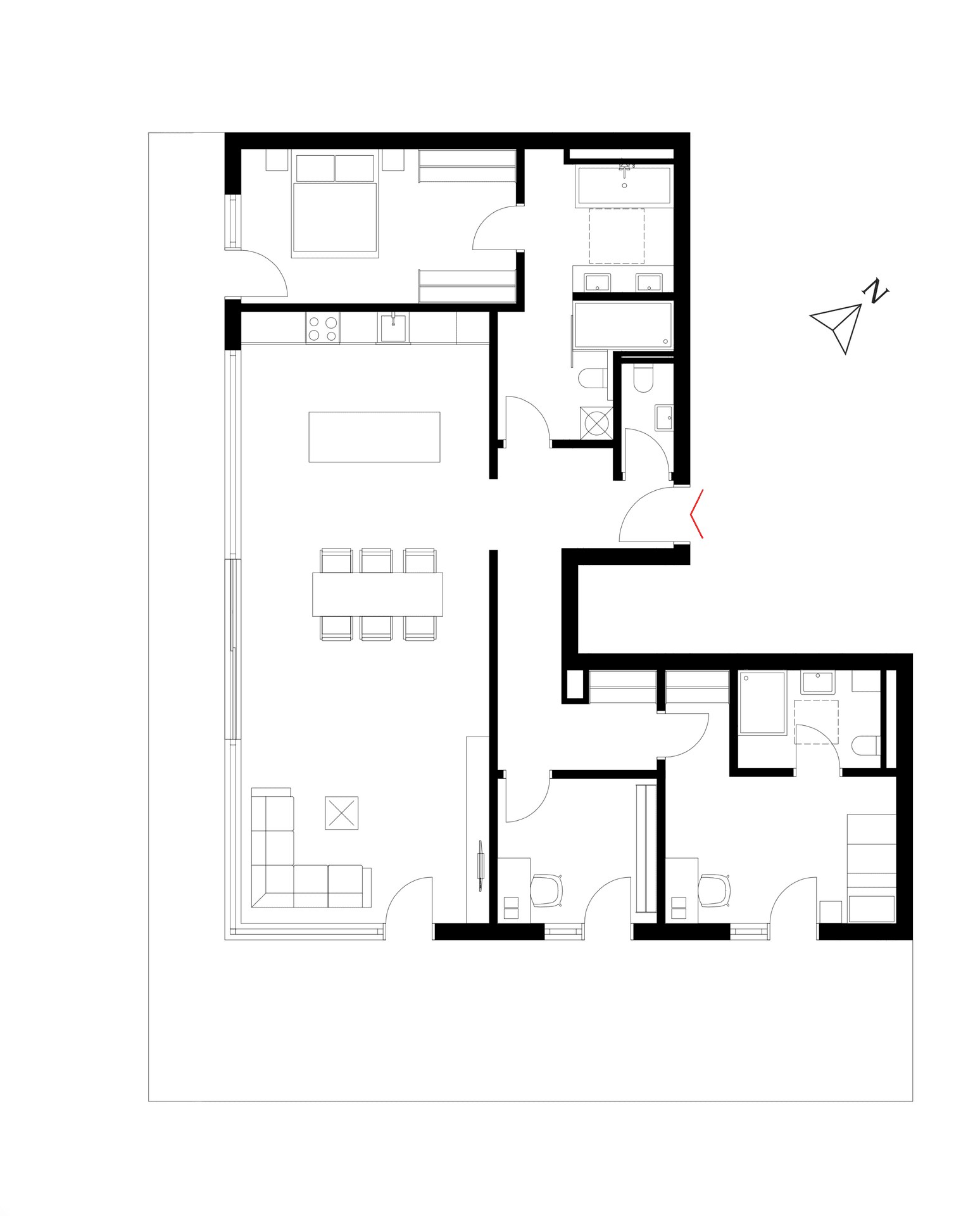 Grundriss einer Wohnung mit drei Schlafzimmern, offenem Wohnbereich und zwei Bädern.