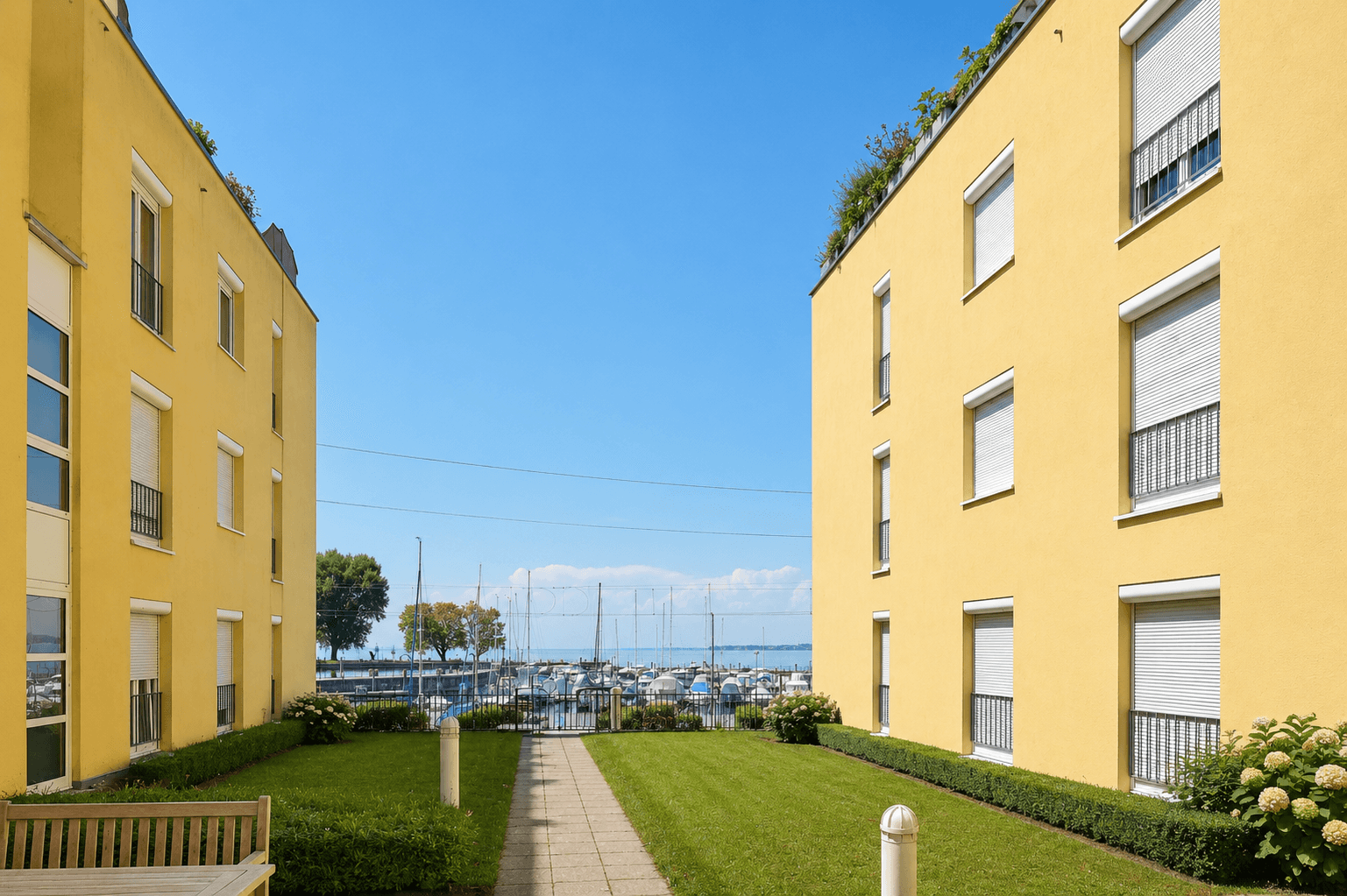 Gepflegter Gartenbereich zwischen den Gebäuden mit direktem Blick auf den See und den Yachthafen.