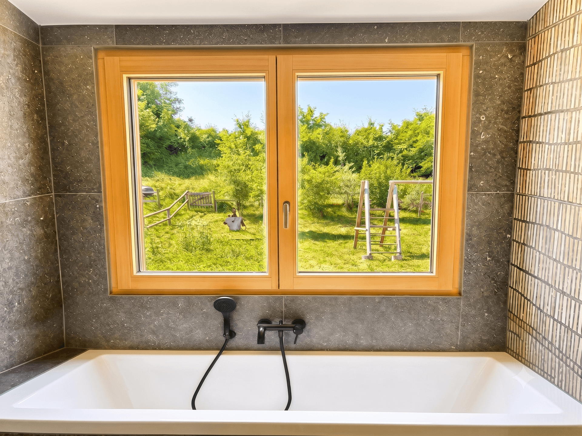 Helles Badezimmer mit Badewanne, grauen Fliesen und Fenster mit Gartenblick.