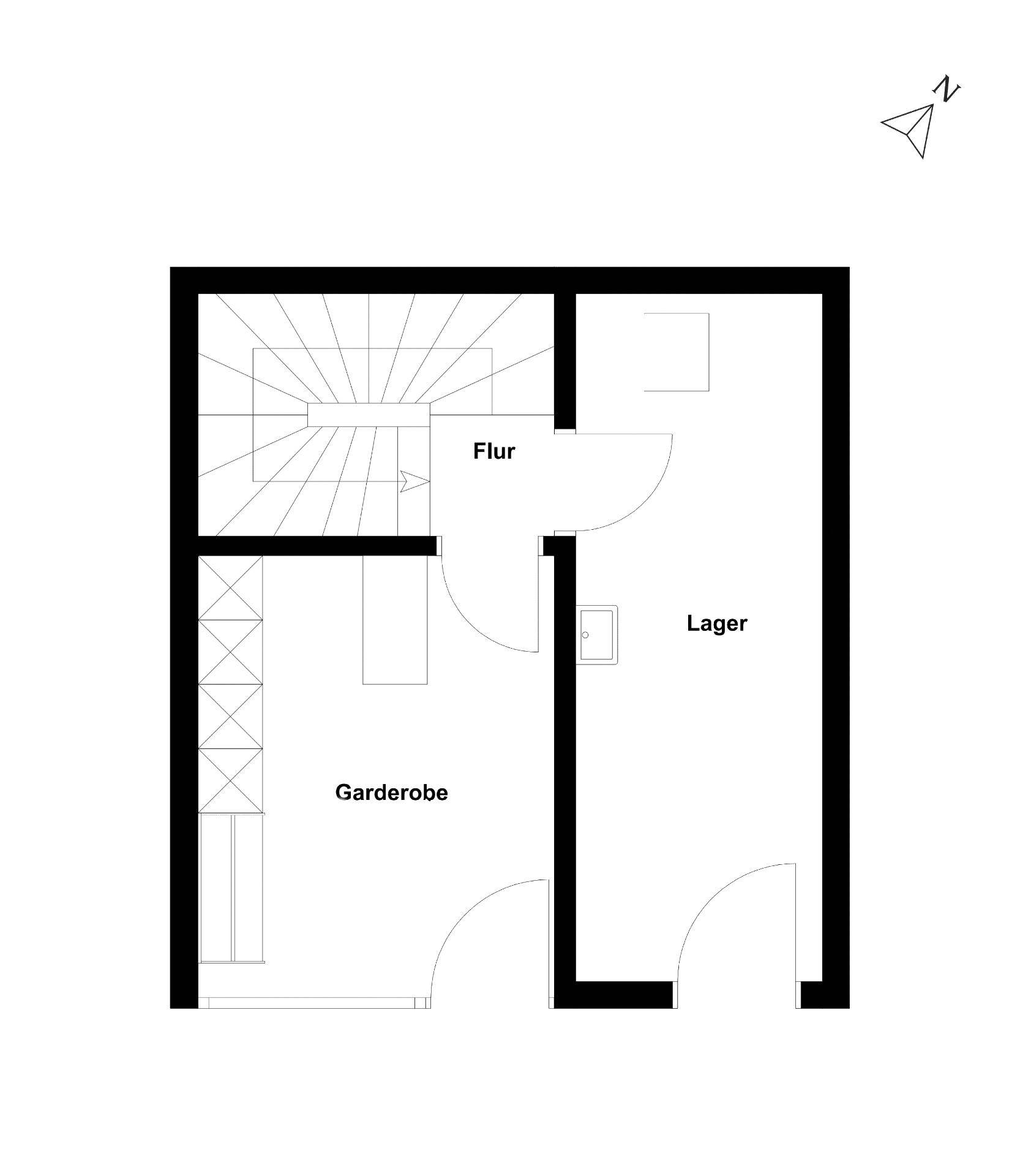 Grundriss des Untergeschosses mit Flur, Garderobe und Lagerraum.