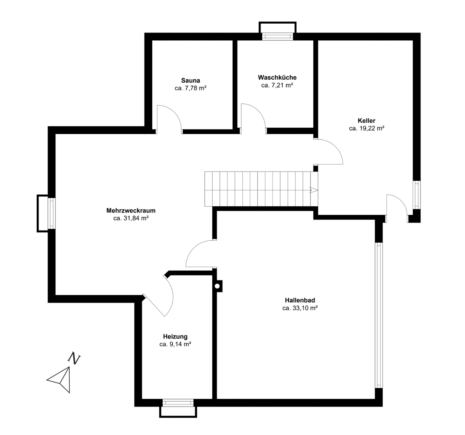 Grundriss des Untergeschosses mit Sauna, Waschküche, Keller und Mehrzweckraum.
