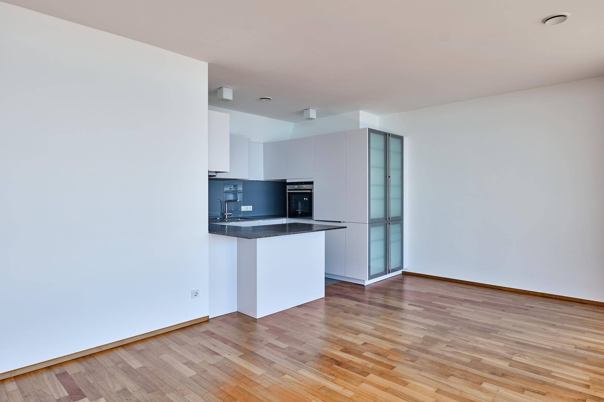 Offener Wohnbereich mit Holzboden und integrierter moderner Küche, ideal für geselliges Beisammensein.
