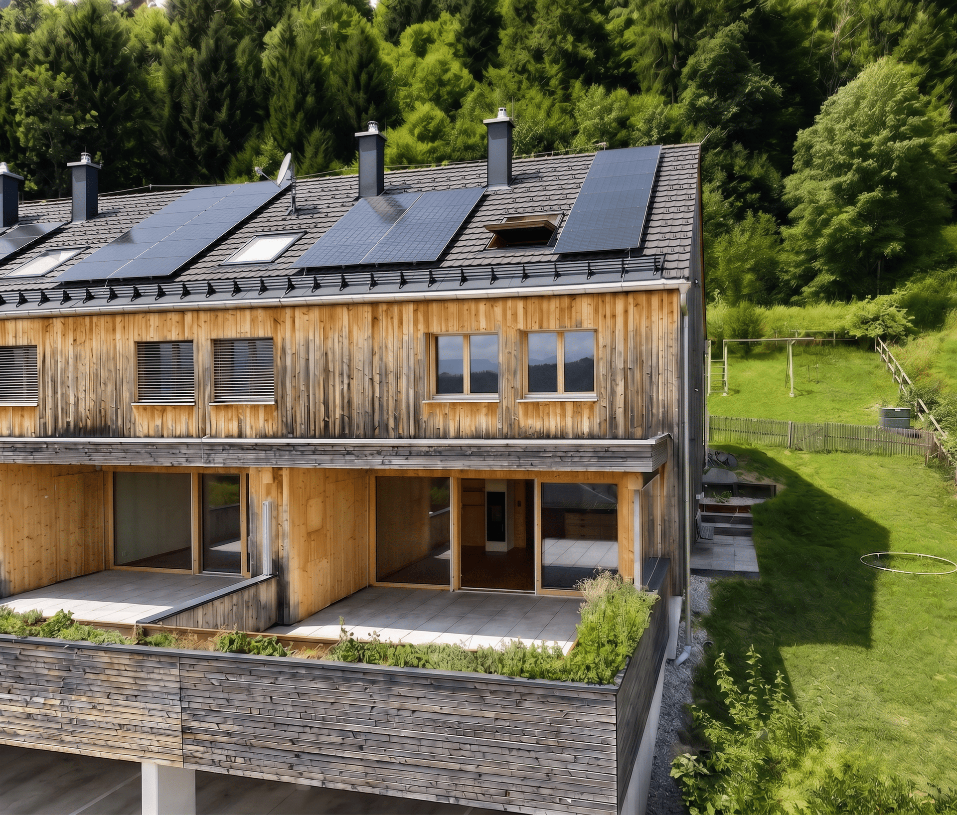 Moderne Reihenhäuser mit Holzfassade, Solarpaneelen auf dem Dach und Terrassen.