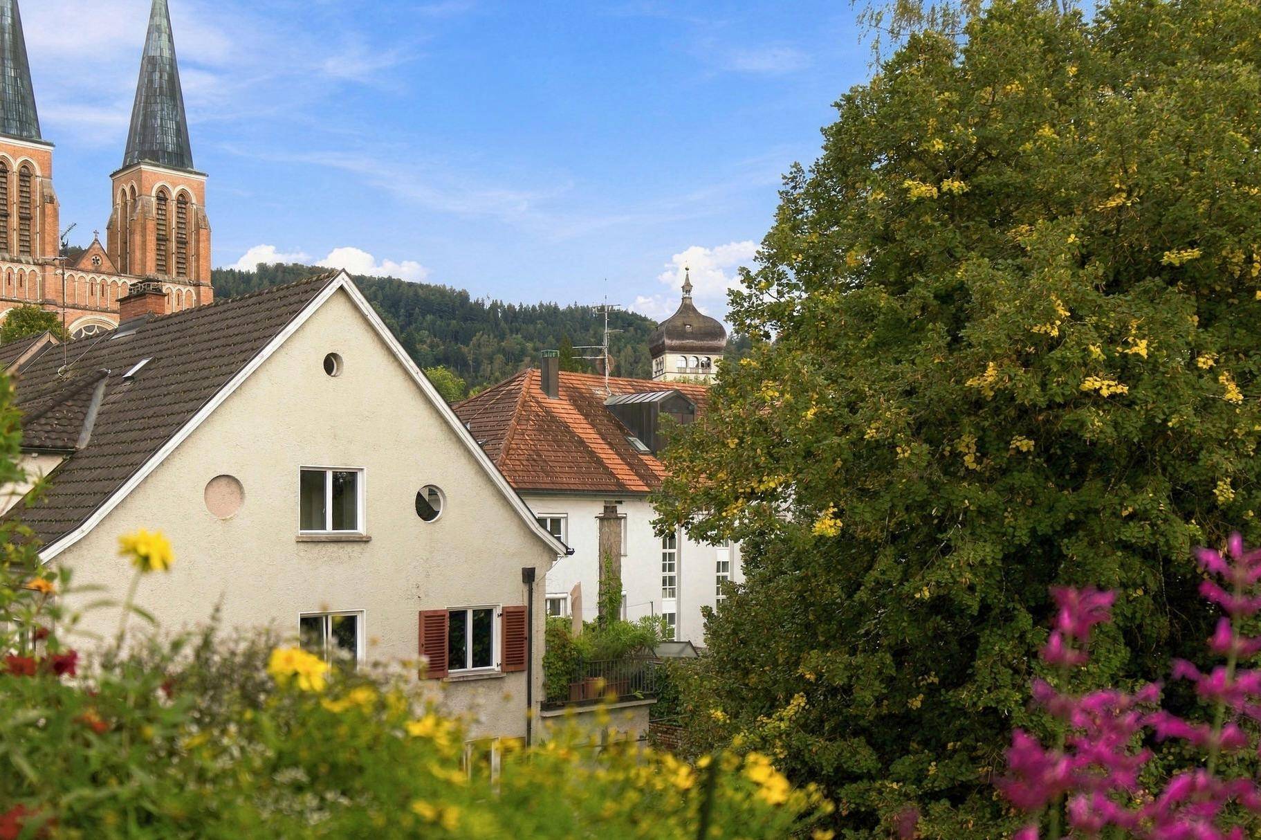 Malerischer Ausblick über Dächer und Bäume auf die Kirchtürme der Stadt.