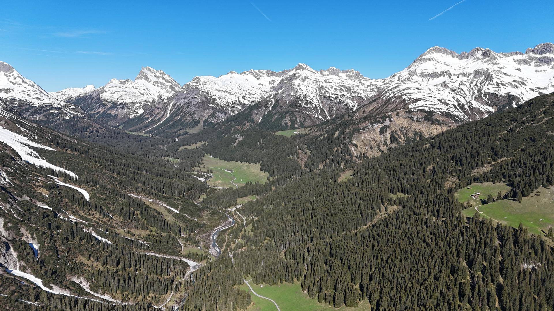 Weitläufiges Panorama eines alpinen Tals mit dichten Wäldern und schneebedeckten Berggipfeln unter blauem Himmel.