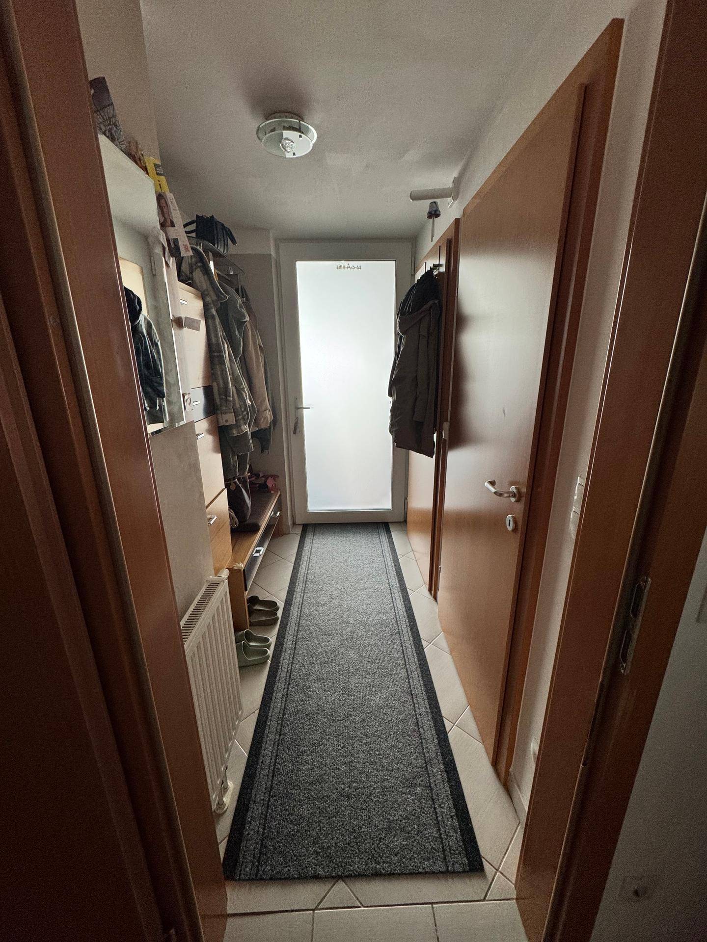 Schmaler Flur mit Garderobe, Teppichläufer und Holztüren, die zu weiteren Räumen führen.