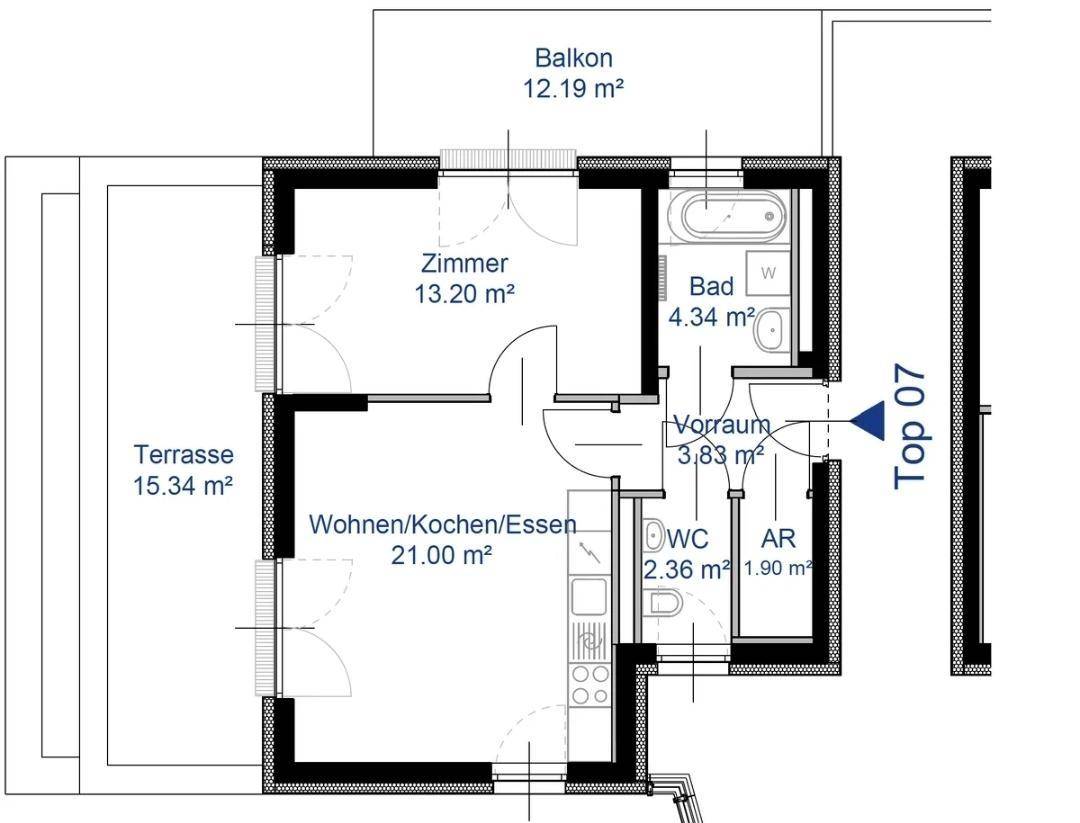Grundriss der Wohnung mit offenem Wohn-/Koch-/Essbereich, einem Zimmer, Bad und zwei Außenbereichen.