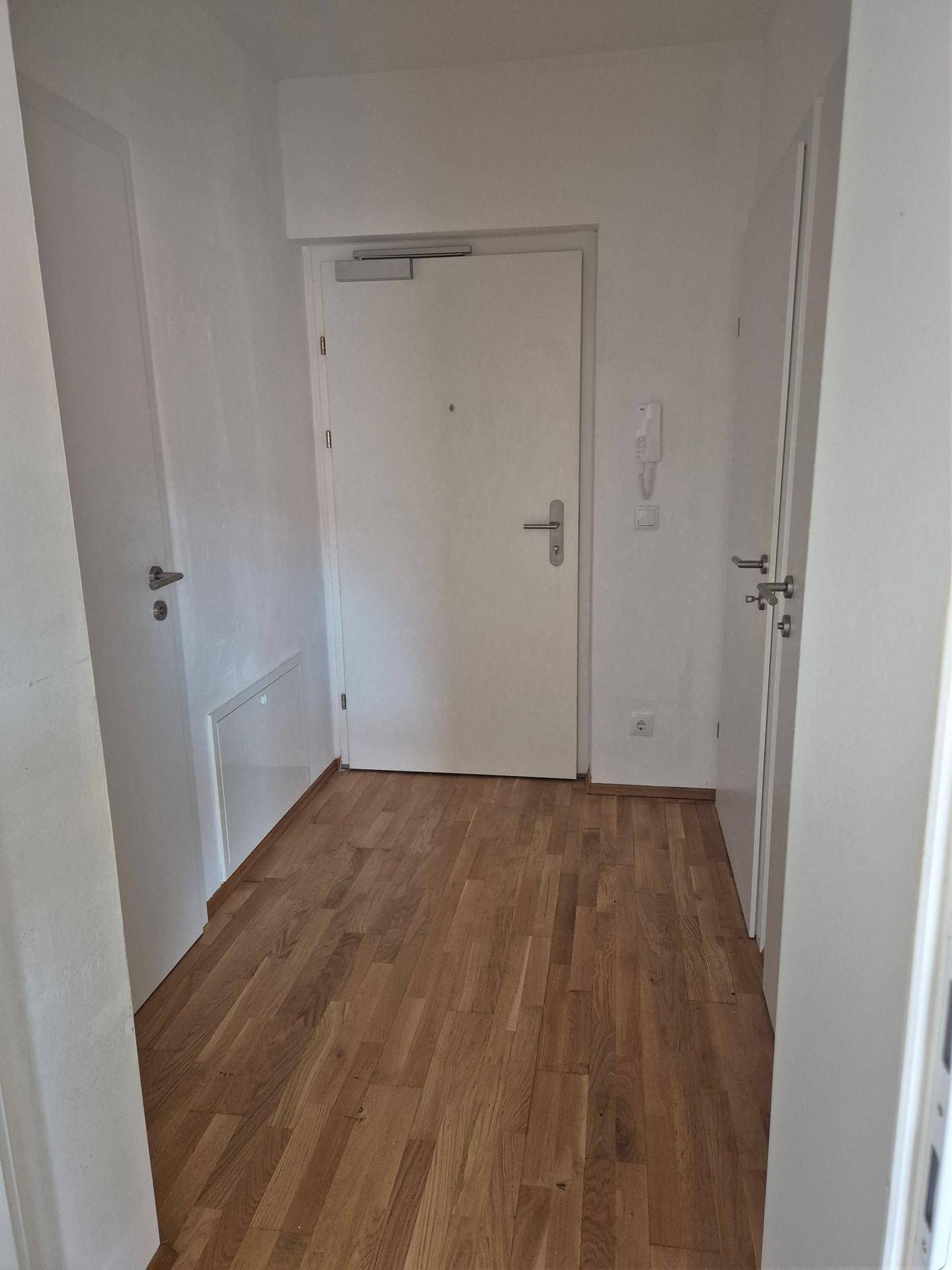 Heller Eingangsbereich mit Parkettboden und einer weißen Wohnungstür, die in die Wohnung führt.