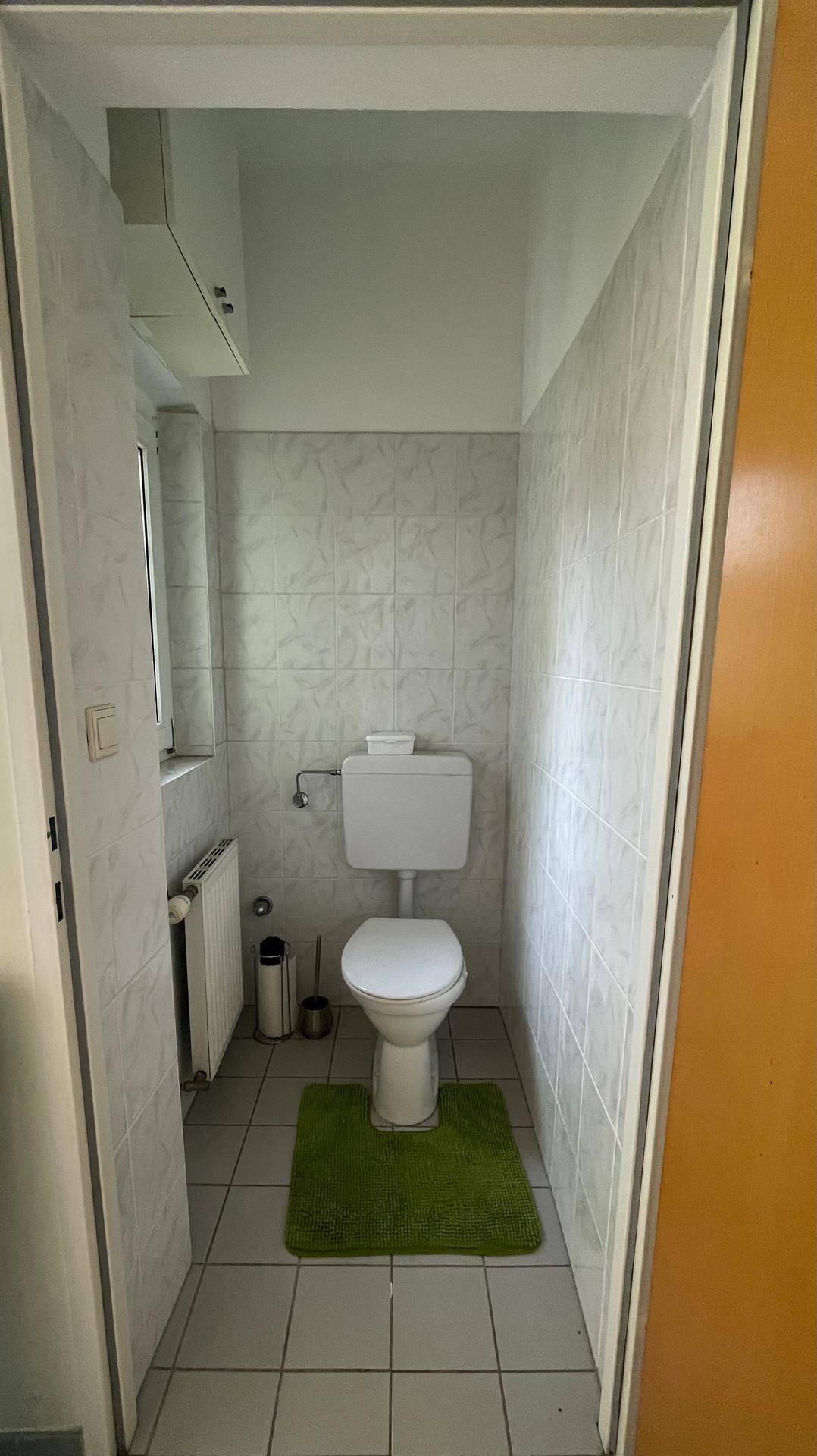 Separate Toilette mit hellen Fliesen, Fenster und einem grünen Teppich auf dem Boden.