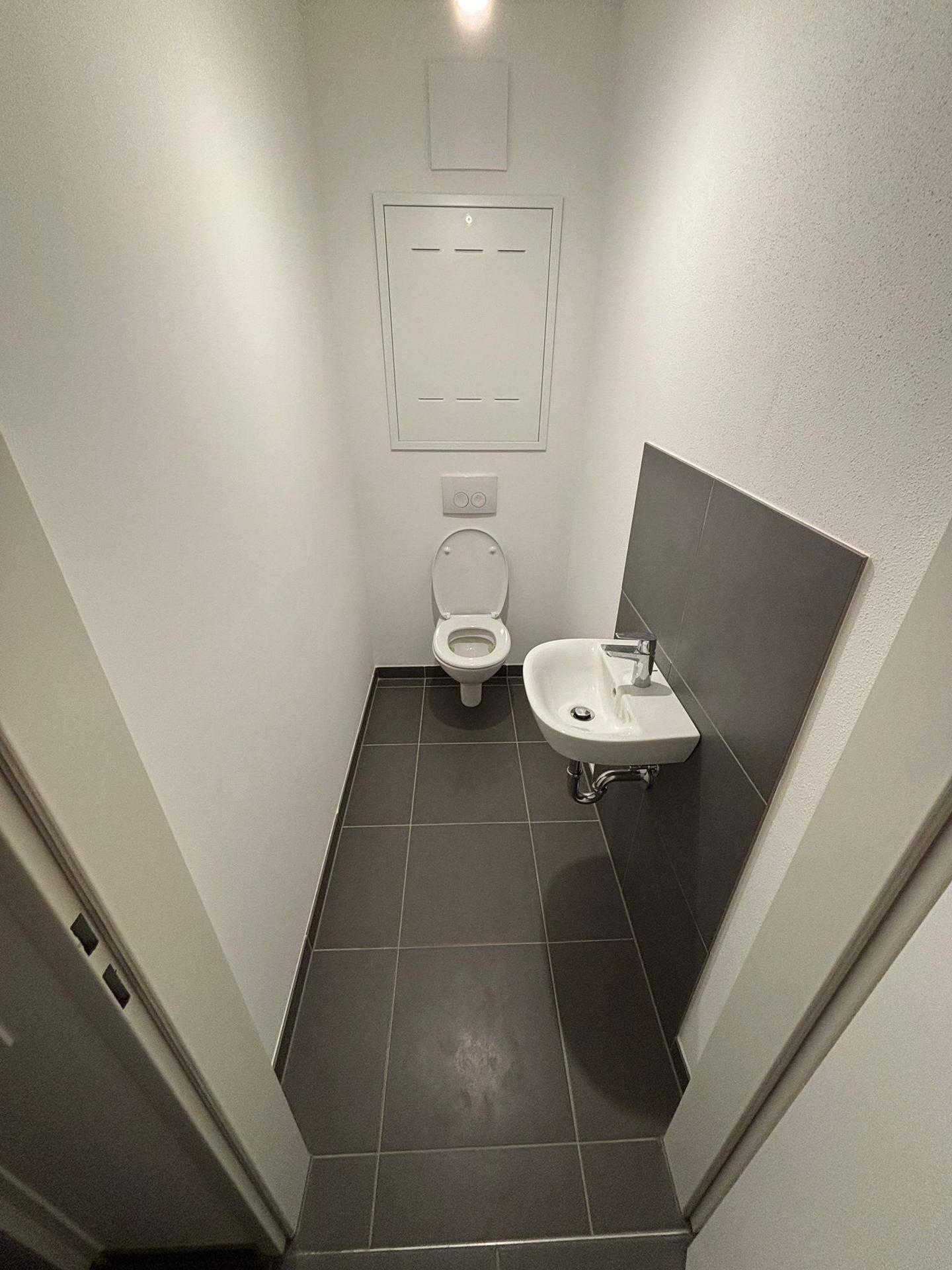 Separates WC mit wandhängender Toilette, kleinem Waschbecken und dunklen Bodenfliesen.