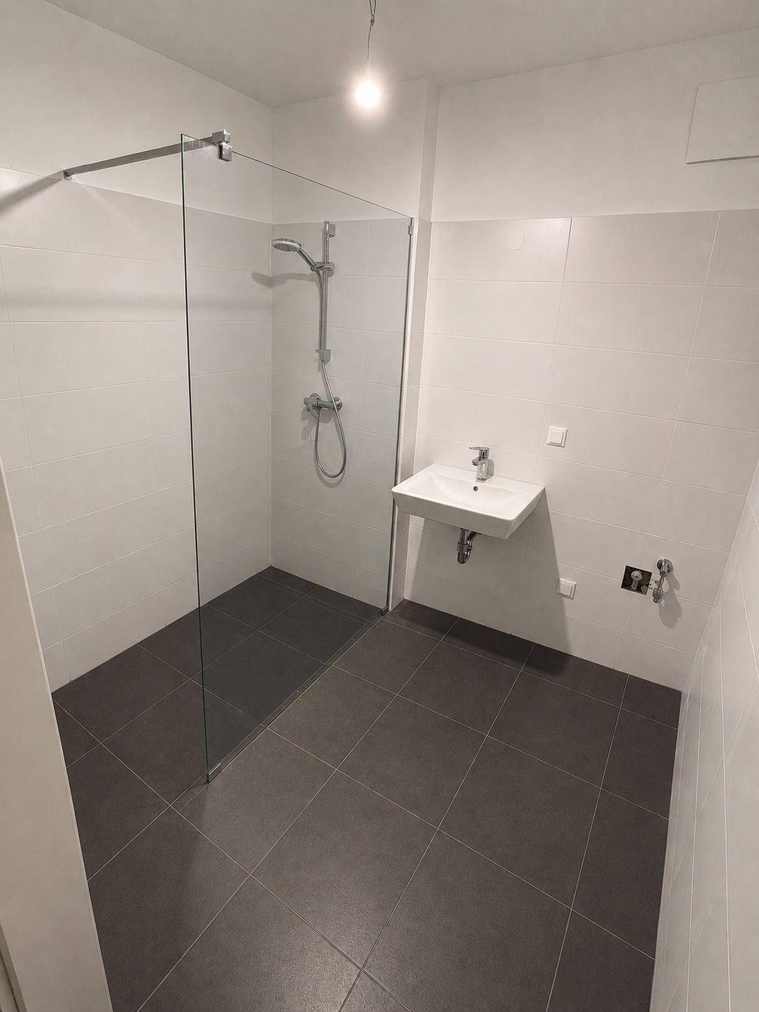 Modernes Badezimmer mit großer begehbarer Dusche, weißen Fliesen und Einzelwaschbecken.