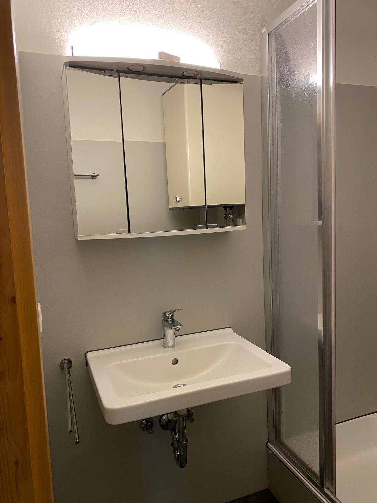 Badezimmer mit Waschbecken, Spiegelschrank und einer Duschkabine, die den Raum effizient nutzt.