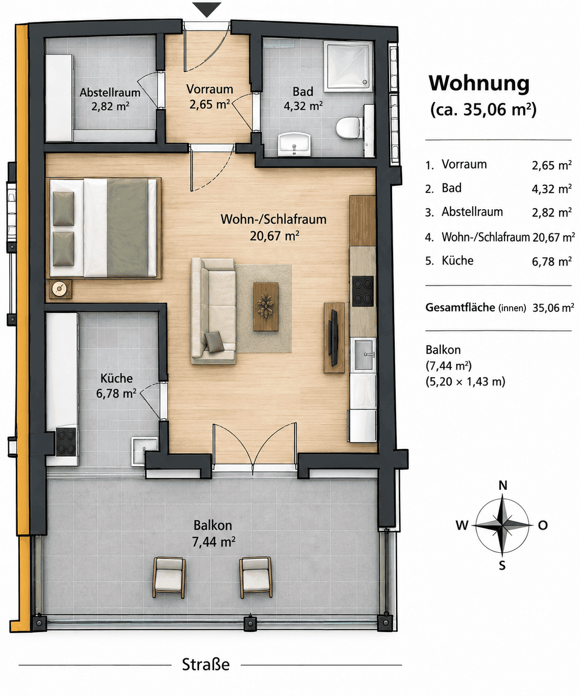 Grundriss einer Wohnung mit Wohn-/Schlafraum, separater Küche, Bad, Abstellraum und Balkon.