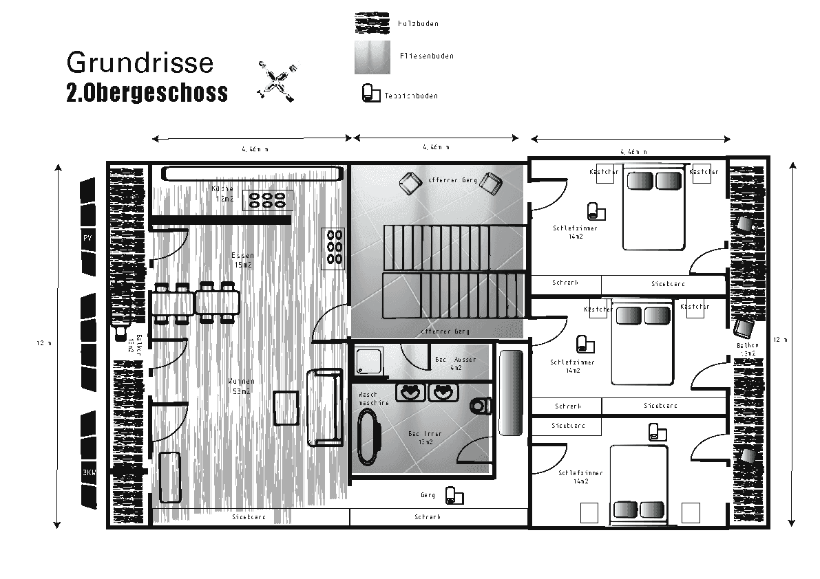 Grundriss des zweiten Obergeschosses mit großem Wohnbereich, Küche, Bädern und Schlafzimmern mit Balkonzugang.