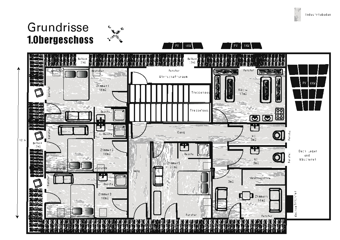 Grundriss des ersten Obergeschosses mit mehreren Schlafzimmern, Bädern, Küche und Balkonen.