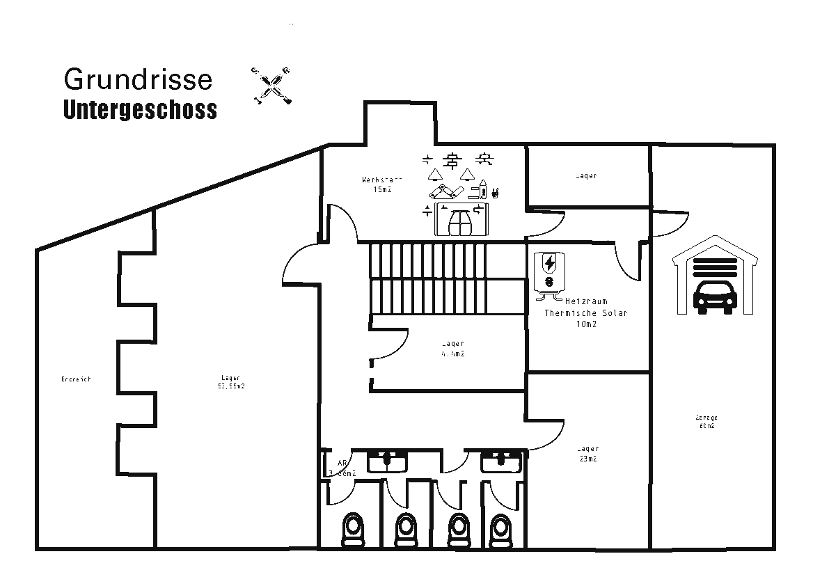 Grundriss des Untergeschosses mit Werkstatt, Lagerräumen, Heizraum und einer Garage für Fahrzeuge.