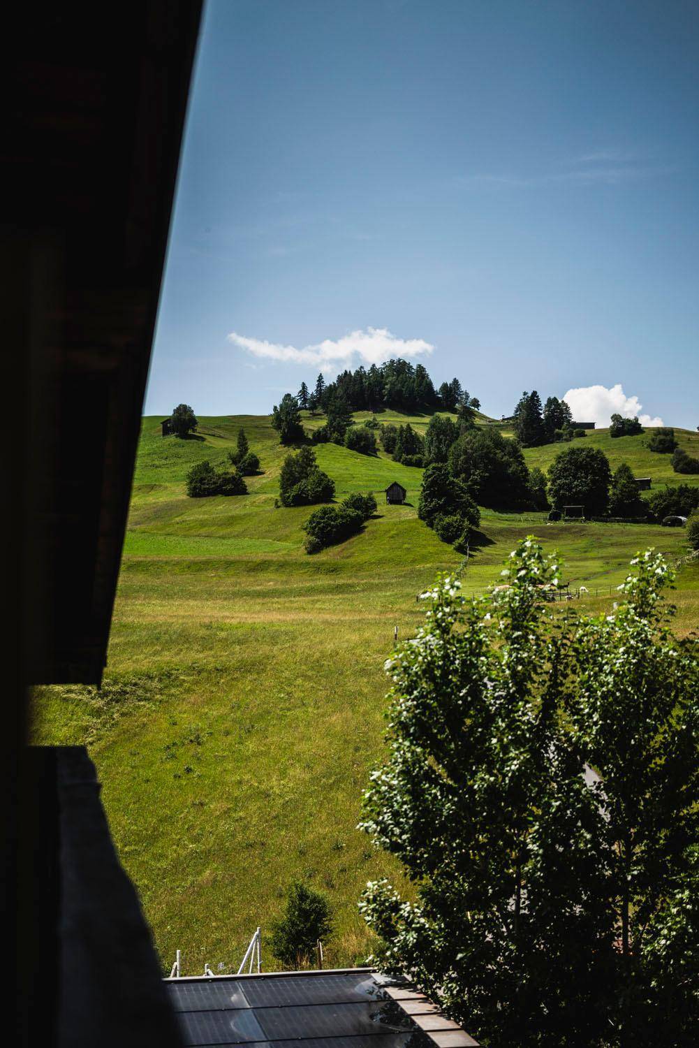 Panoramablick von einem Balkon auf eine idyllische grüne Berglandschaft mit Wiesen und Wäldern.
