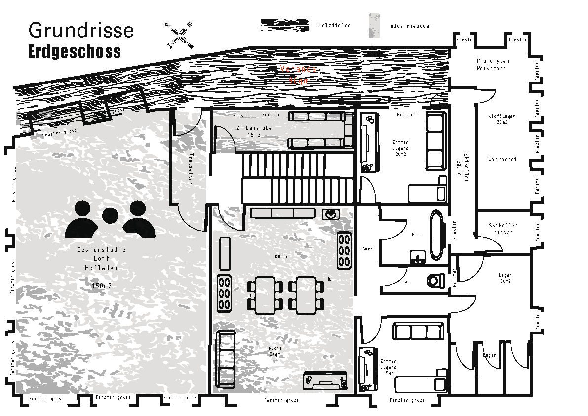 Grundriss des Erdgeschosses mit Designstudio, Hofladen, Küche und mehreren Zimmern.