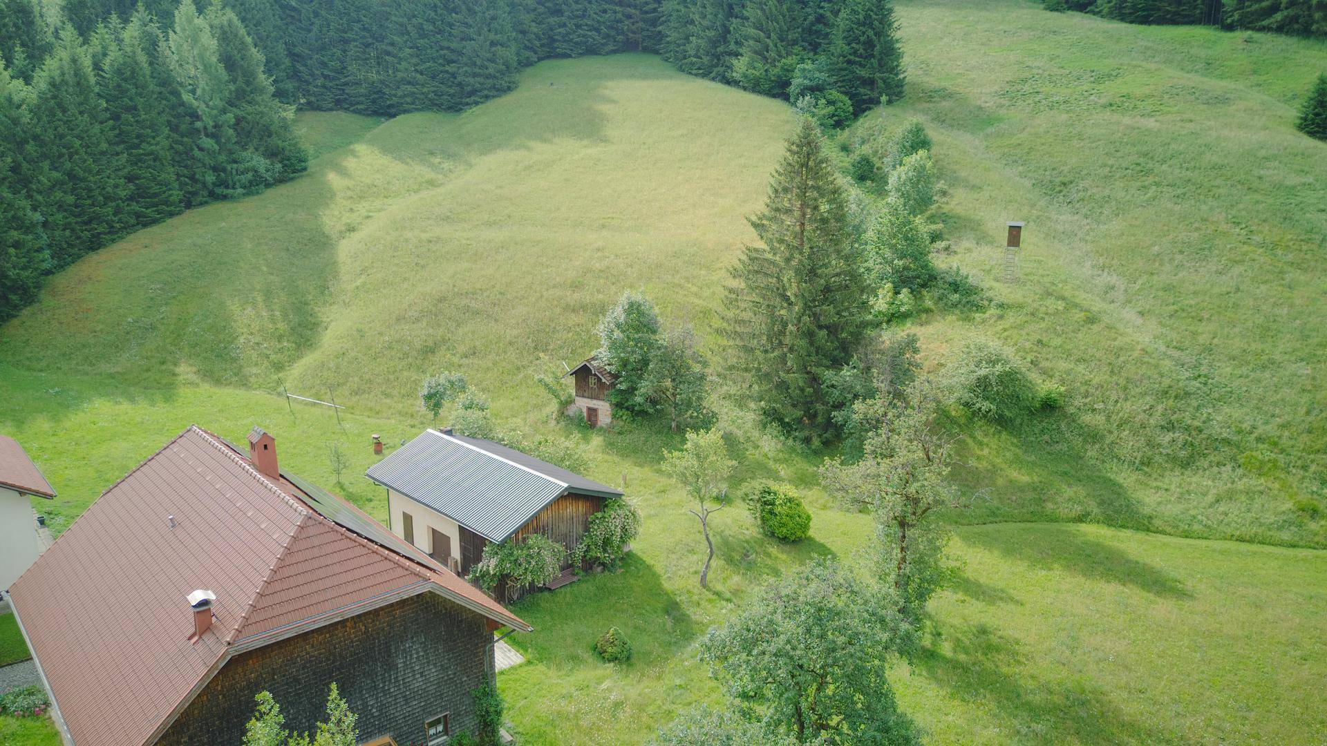Luftaufnahme des Anwesens mit Nebengebäude, umgeben von grünen Hügeln und Wäldern.