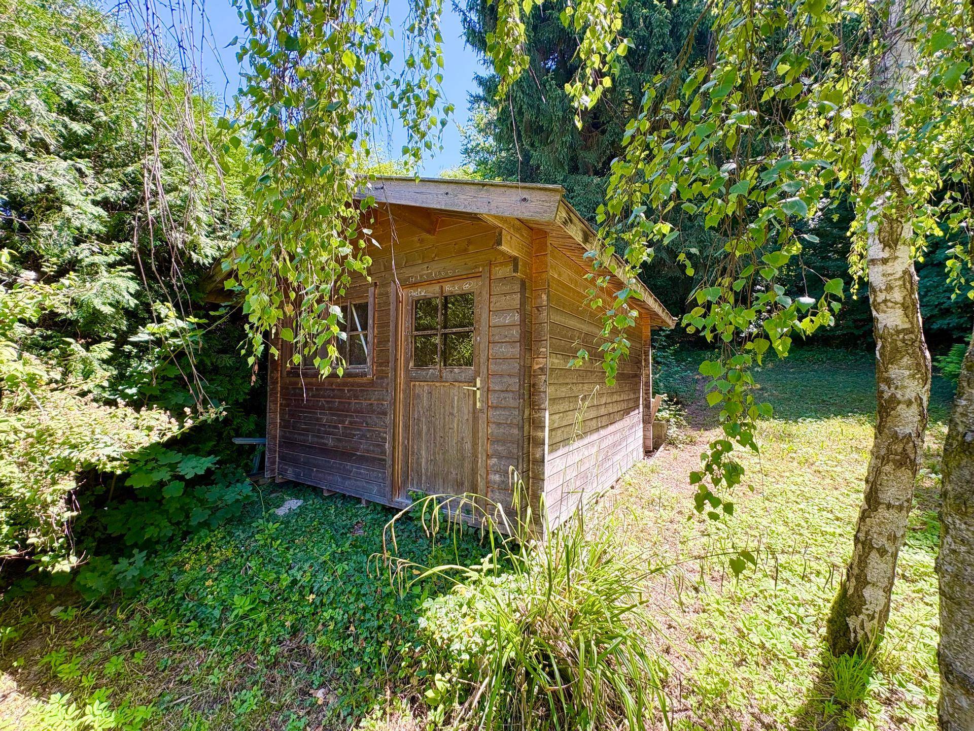 Kleiner Holzschuppen im Garten, umgeben von Bäumen und grüner Vegetation.