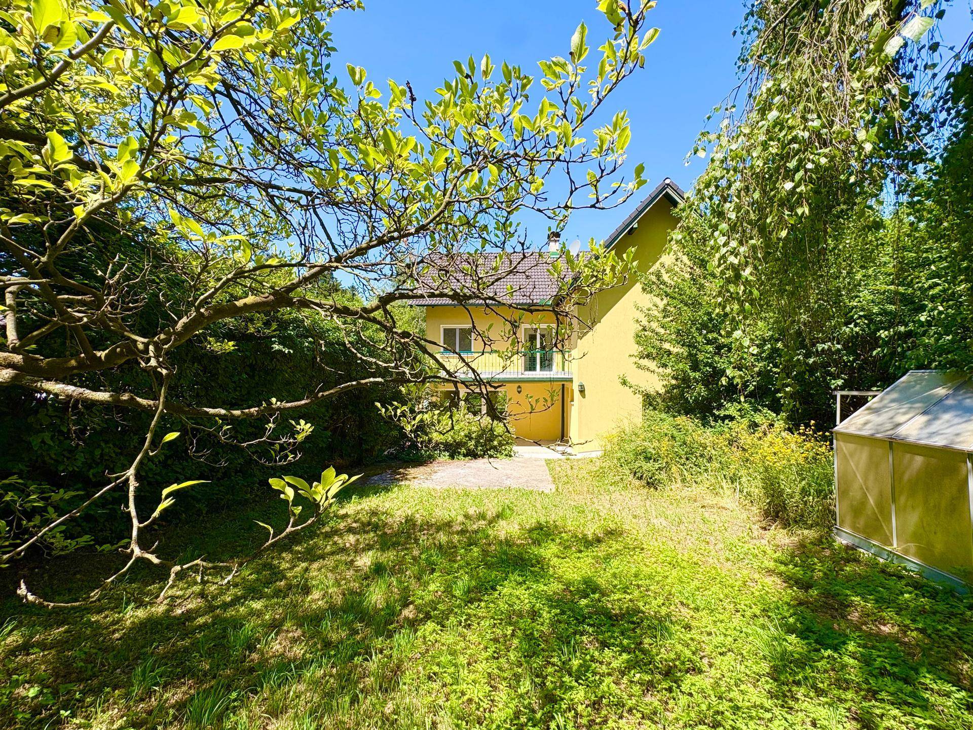 Gepflegter Gartenbereich mit Rasenfläche und einem kleinen Gewächshaus vor dem gelben Haus.
