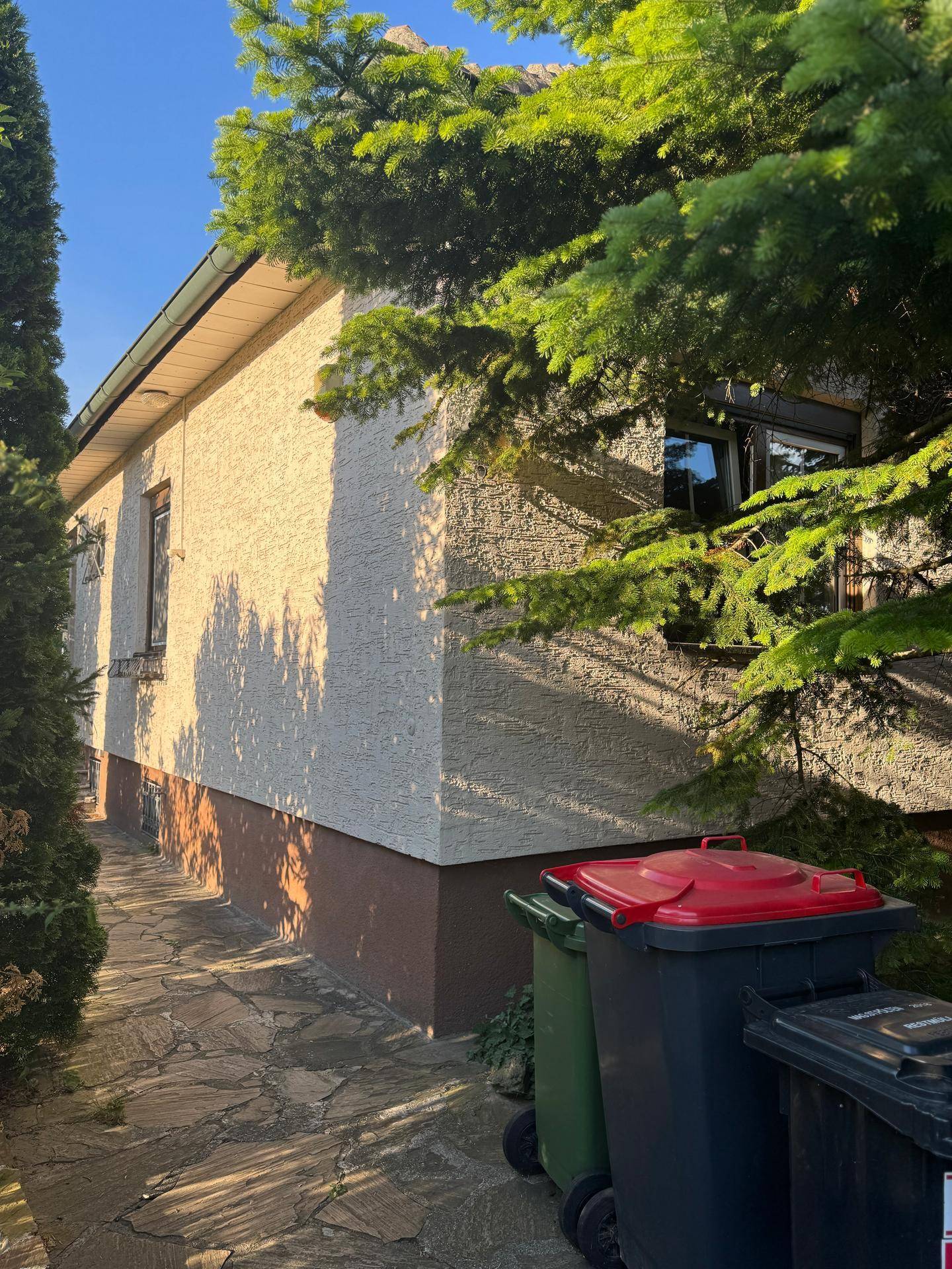 Seitenansicht des Hauses mit einem Steinweg und Mülltonnen, umgeben von Sträuchern und Bäumen.