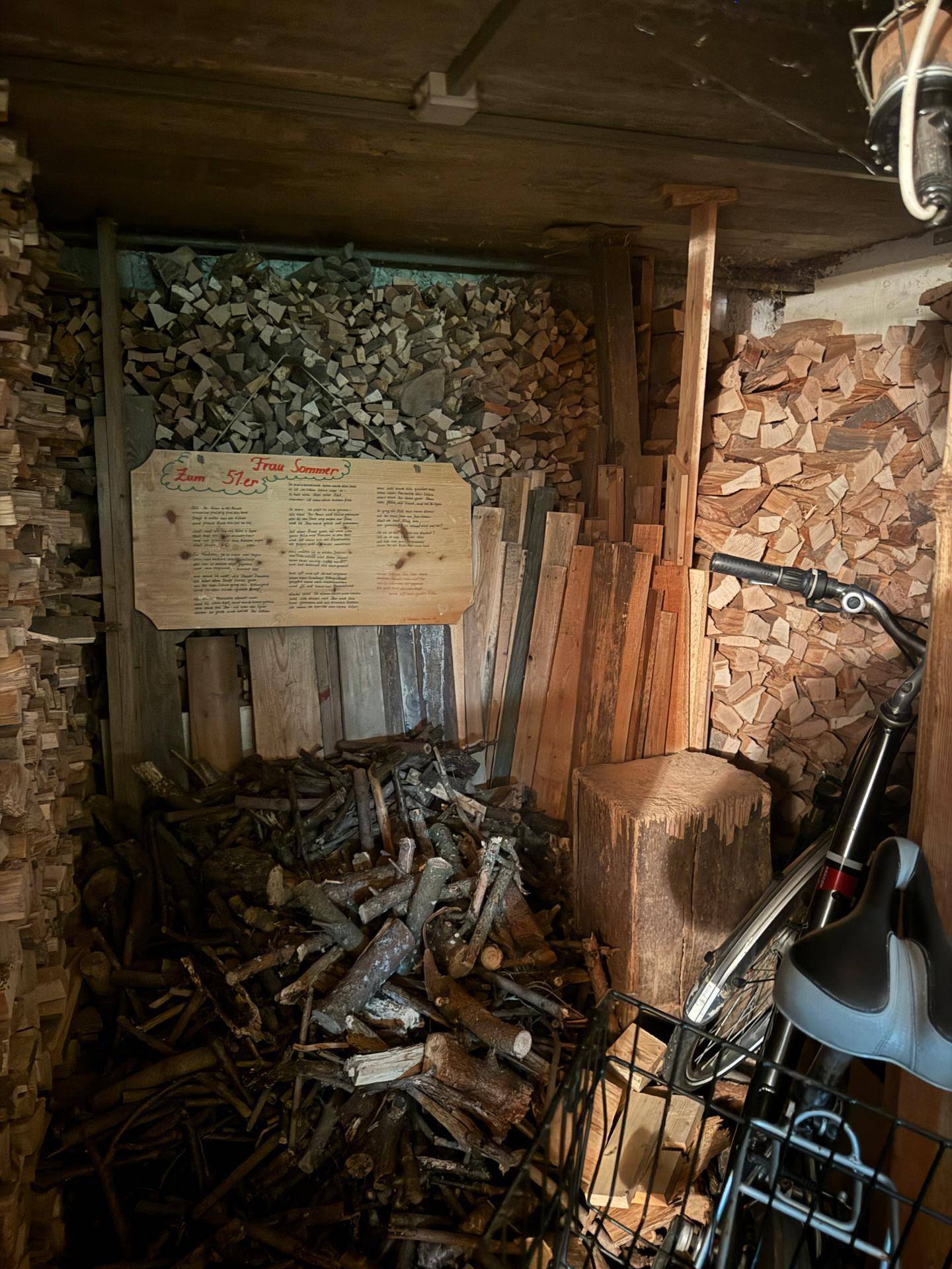 Kellerraum mit großen Mengen Brennholz und einem Fahrrad, als Lager für Holz und Fahrräder genutzt.