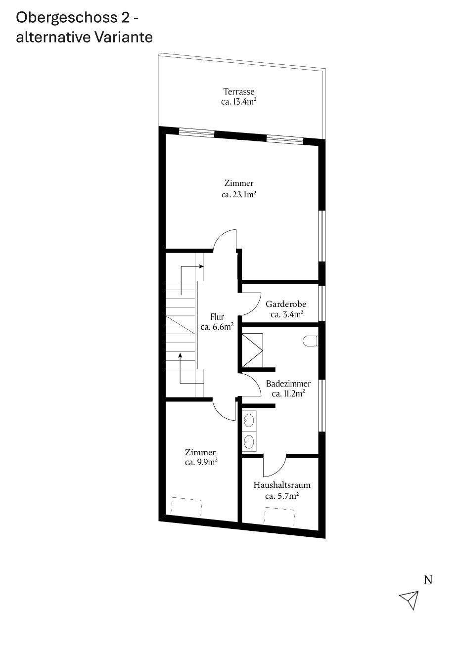 Alternative Grundrissvariante des zweiten Obergeschosses mit angepasster Raumaufteilung und Terrasse.