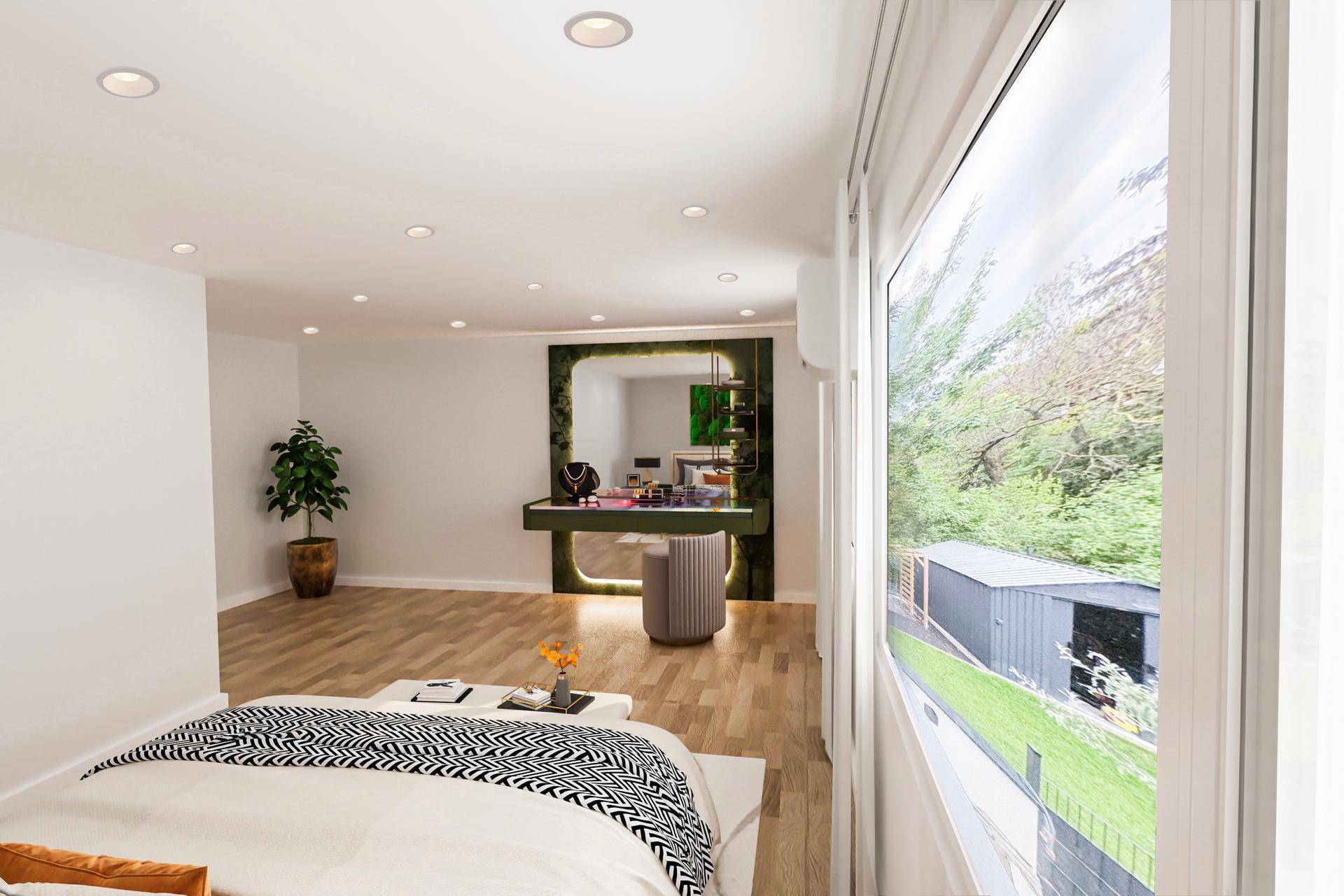 Schlafzimmer mit großem Fenster, das einen Blick ins Grüne und auf einen Geräteschuppen bietet.