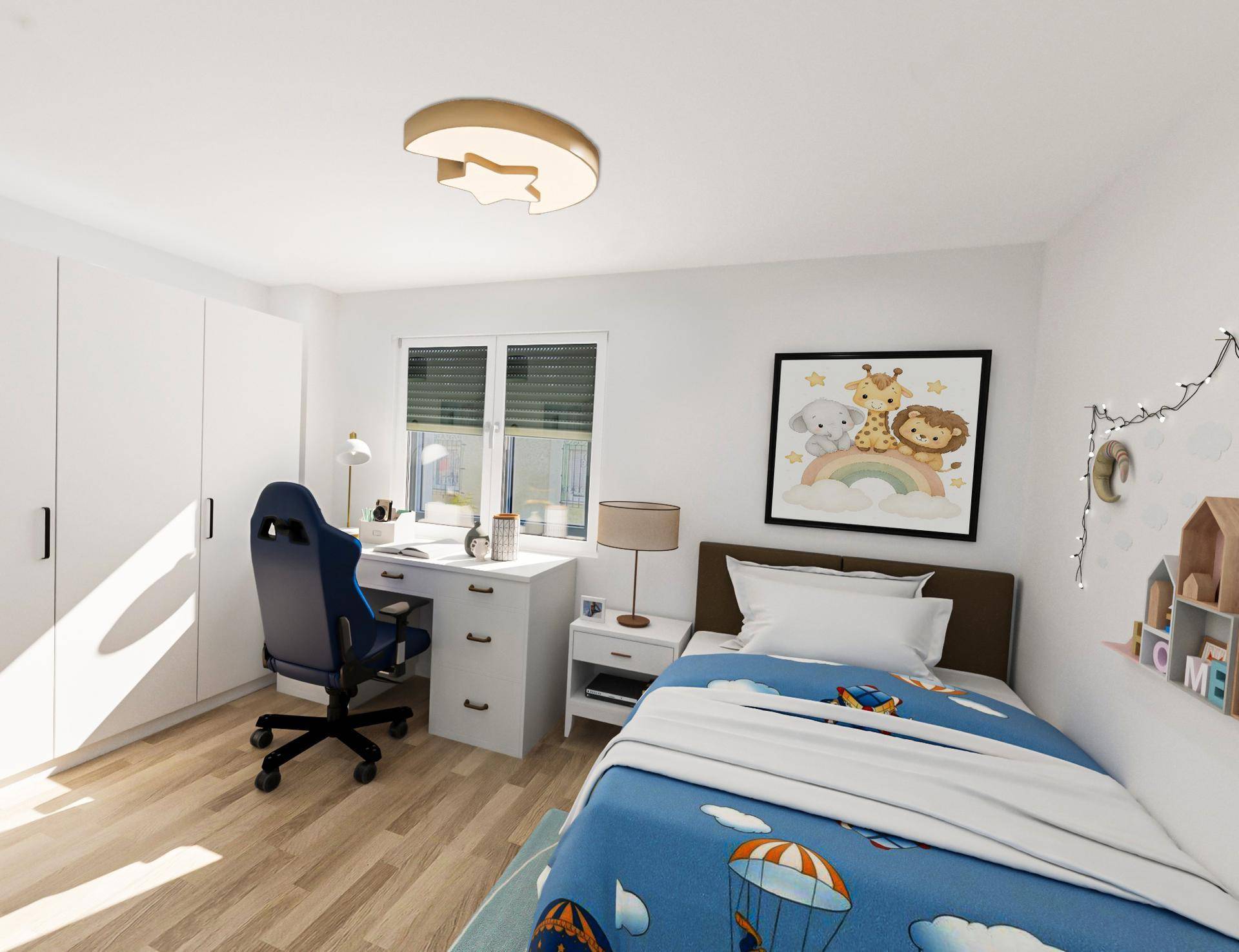 Helles Kinderzimmer mit Einzelbett, Schreibtisch, Kleiderschrank und farbenfroher Dekoration.