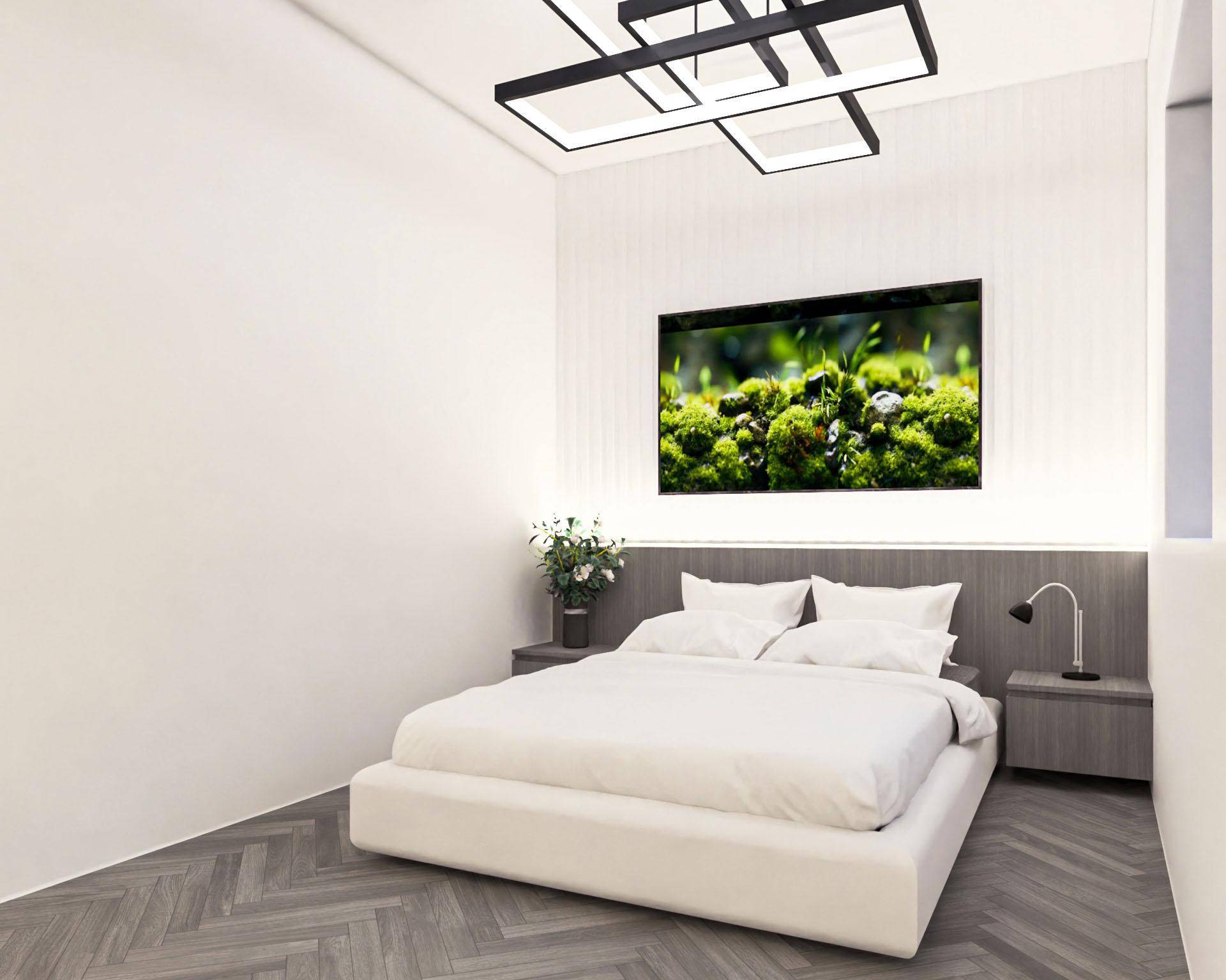 Modernes Schlafzimmer mit großem Bett, stilvoller Beleuchtung und einer dekorativen Wandverkleidung.