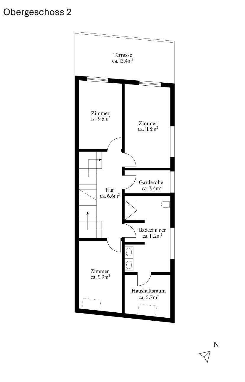 Grundriss des zweiten Obergeschosses mit Zimmern, Garderobe, Badezimmer, Hauswirtschaftsraum und Terrasse.