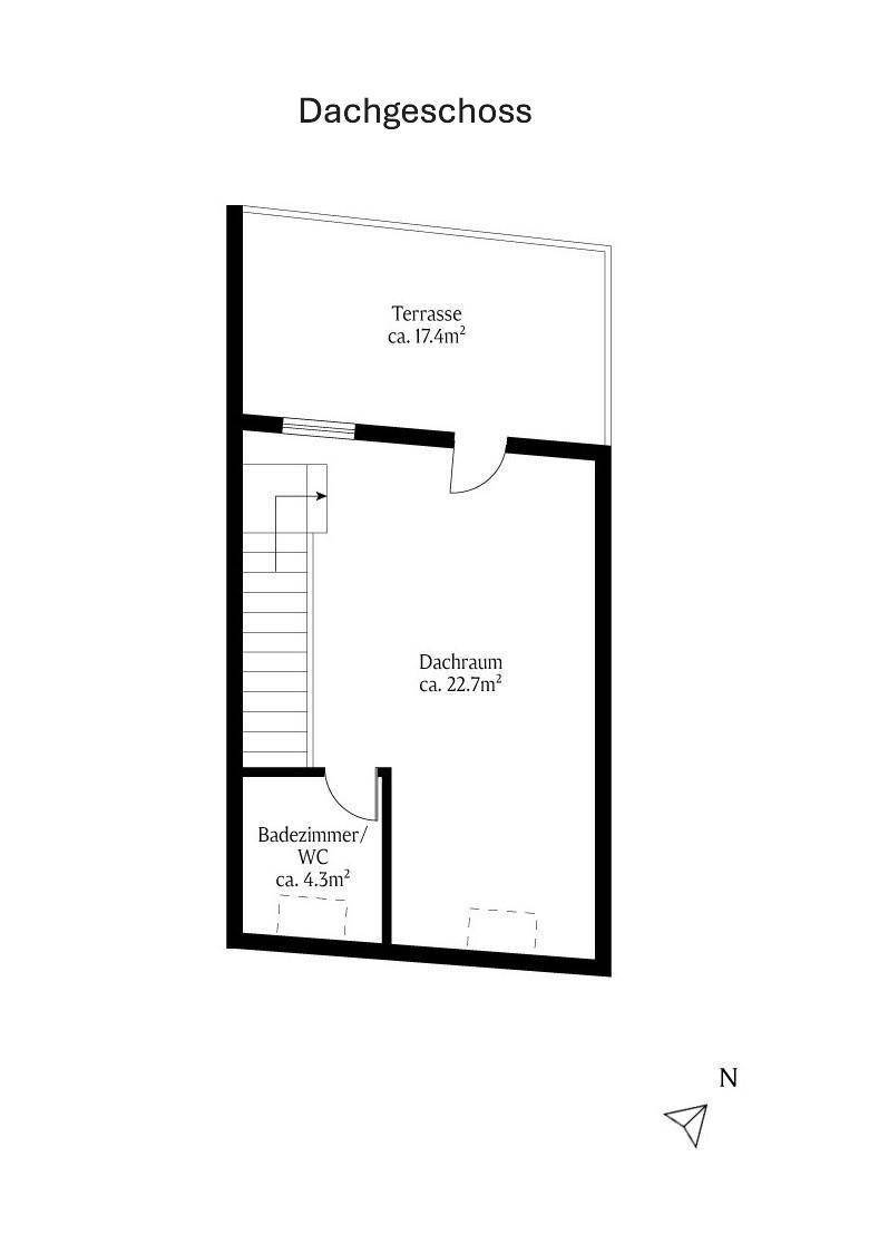 Grundriss des Dachgeschosses mit einem Zimmer, Badezimmer/WC und einer Dachterrasse.