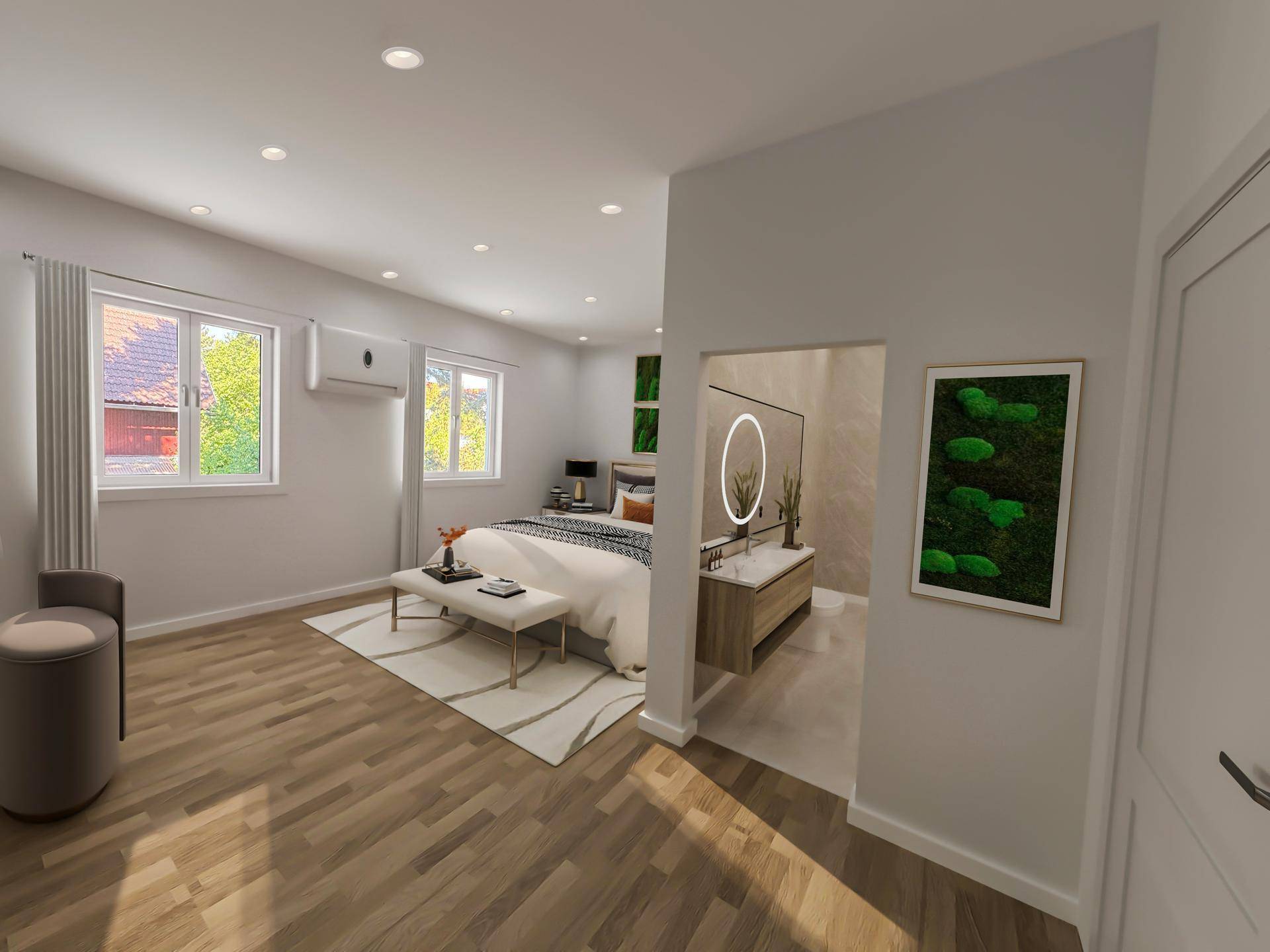 Helles Schlafzimmer mit Holzboden, großen Fenstern und einem abgetrennten Schminkbereich.